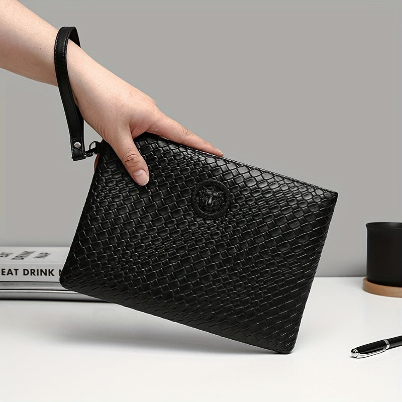 Men'S Business Clutch Bag Made of High-Quality PU Woven Texture Fabric.