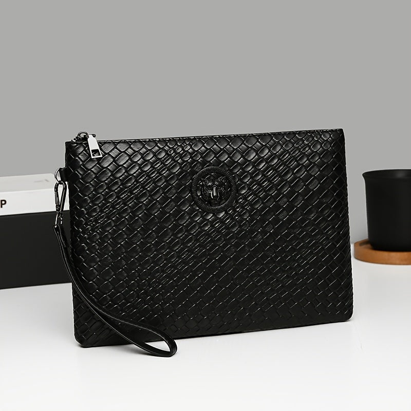 Men'S Business Clutch Bag Made of High-Quality PU Woven Texture Fabric.