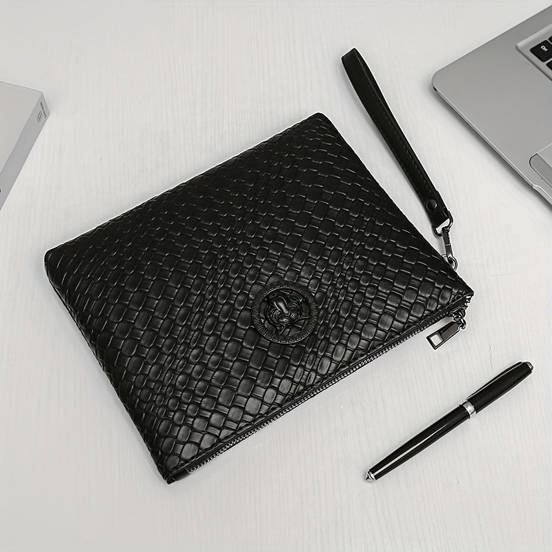 Men'S Business Clutch Bag Made of High-Quality PU Woven Texture Fabric.