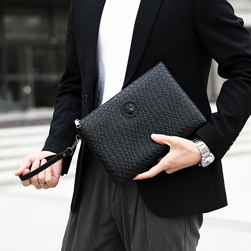 Men'S Business Clutch Bag Made of High-Quality PU Woven Texture Fabric.