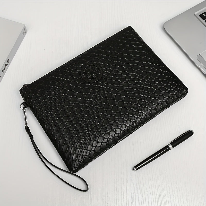 Men'S Business Clutch Bag Made of High-Quality PU Woven Texture Fabric.