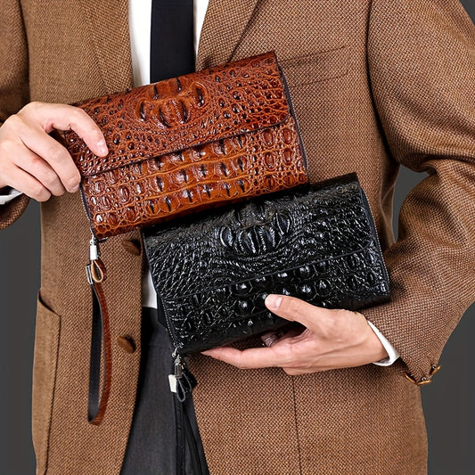 [Stylish Clutch] Stylish Brown Men's Clutch - Crocodile Pattern Bifold with Wrist Strap