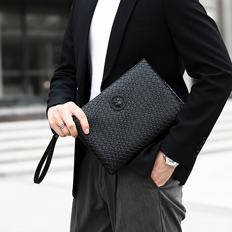 Men'S Business Clutch Bag Made of High-Quality PU Woven Texture Fabric.