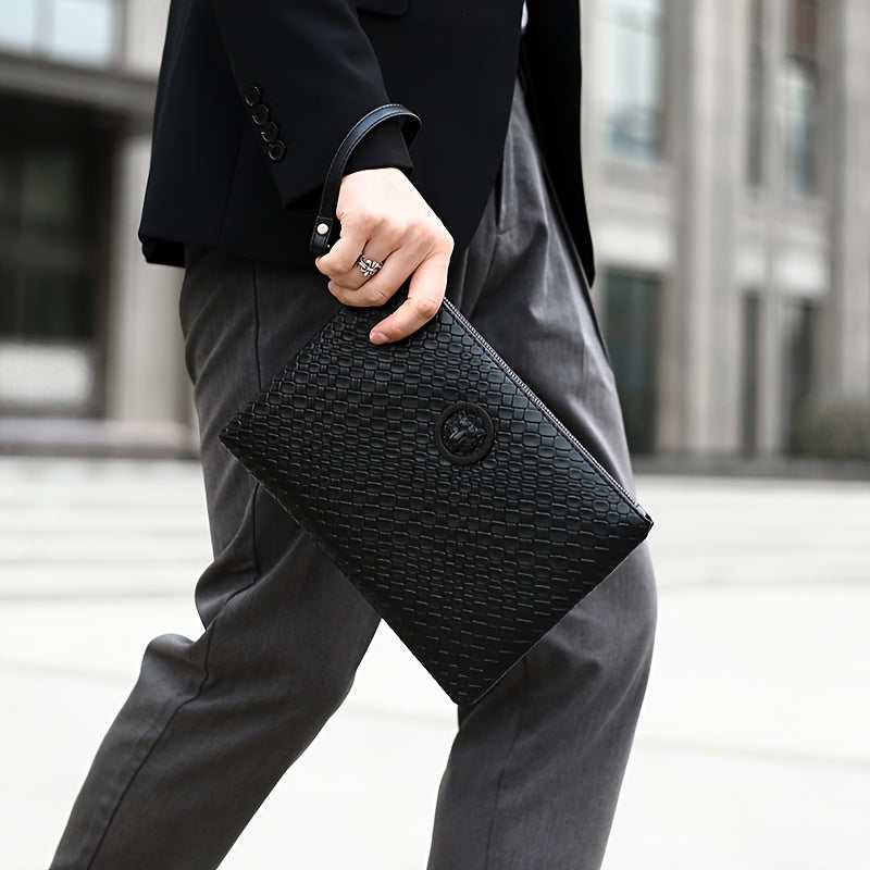 Men'S Business Clutch Bag Made of High-Quality PU Woven Texture Fabric.