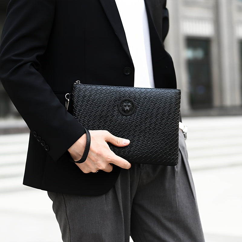 Men'S Business Clutch Bag Made of High-Quality PU Woven Texture Fabric.