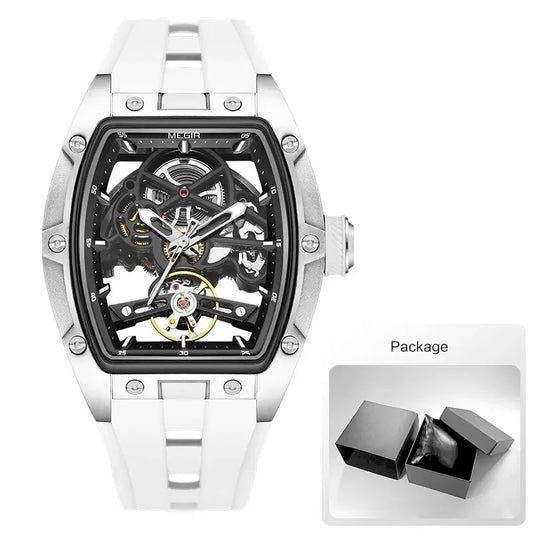 MEGIR Men's Automatic Mechanical Watch – Skeleton Dial, Stainless Steel Case, Silicone Band